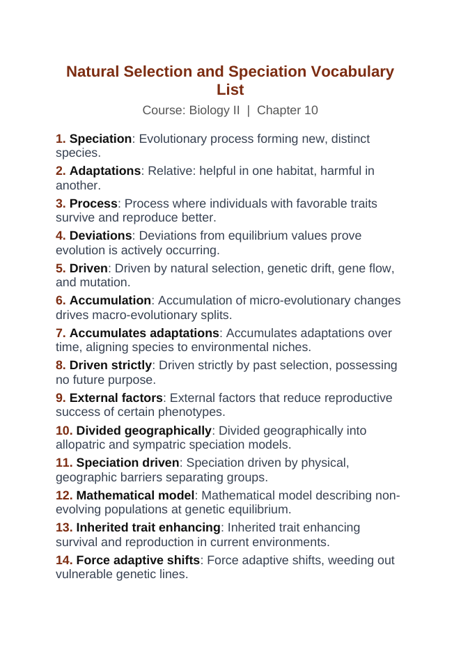 Natural Selection & Speciation Vocabulary Words & Definitions sample page