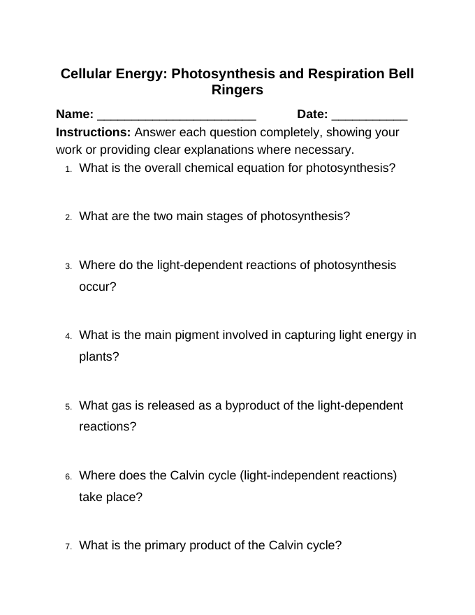 Photosynthesis & Respiration Bell Ringers & Exit Tickets sample page