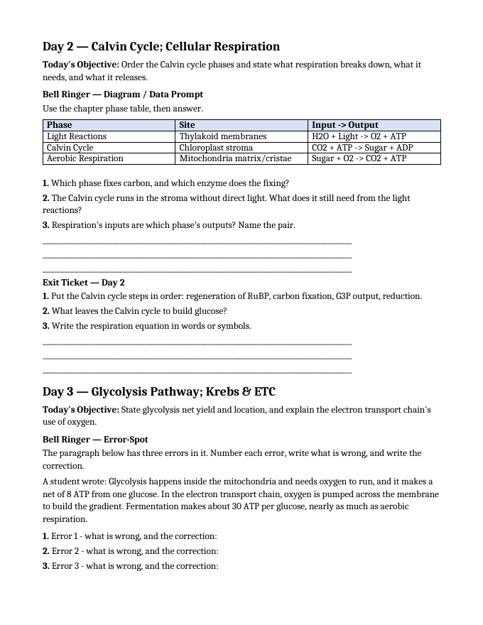 Photosynthesis & Respiration Bell Ringers & Exit Tickets sample page