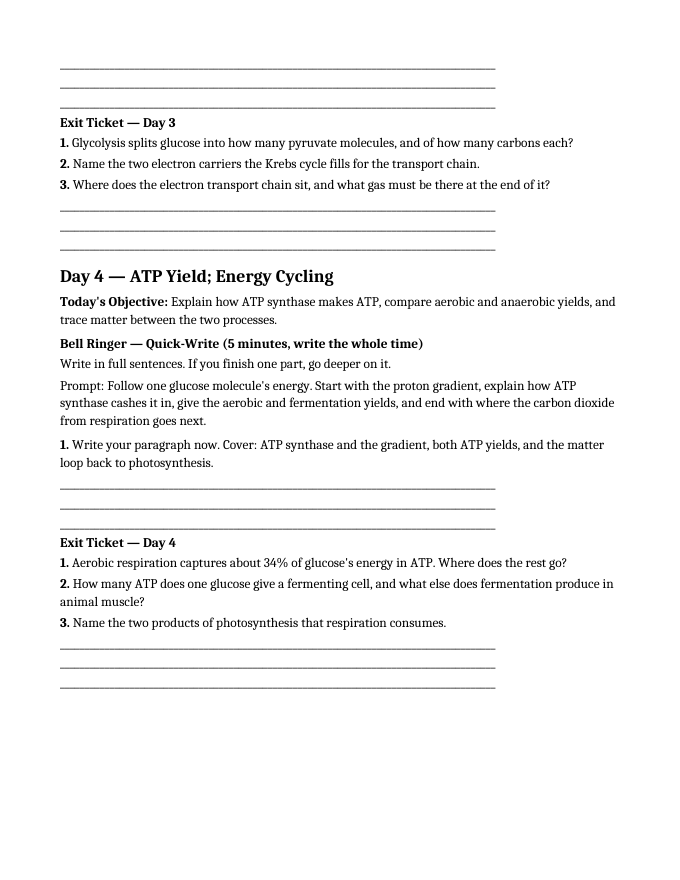 Photosynthesis & Respiration Bell Ringers & Exit Tickets sample page