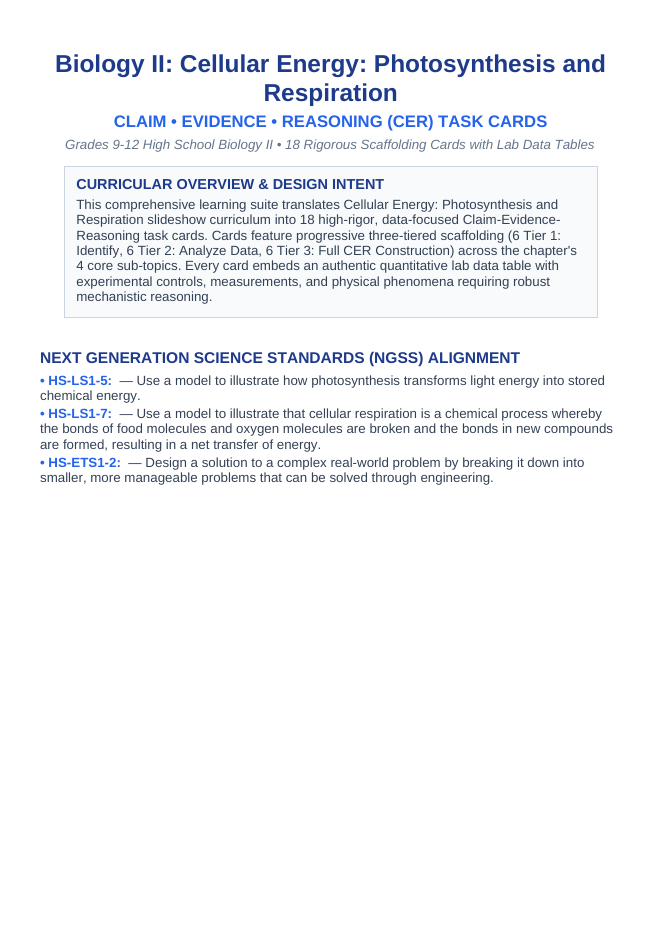 Photosynthesis & Respiration CER Task Cards sample page