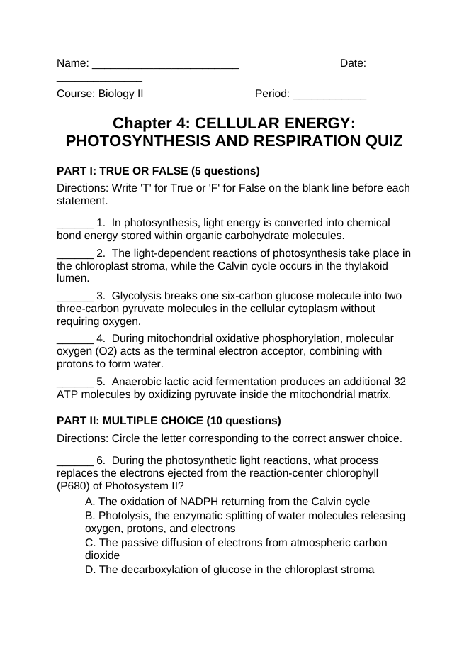 Photosynthesis & Respiration Lesson Quiz sample page