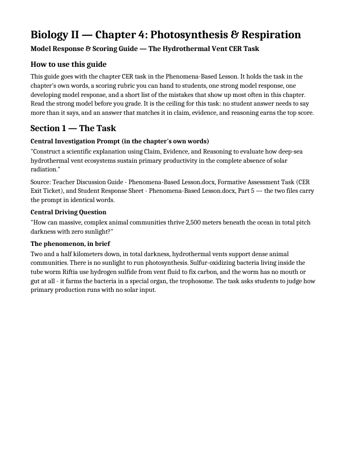 Photosynthesis & Respiration Model Response & Scoring Guide sample page