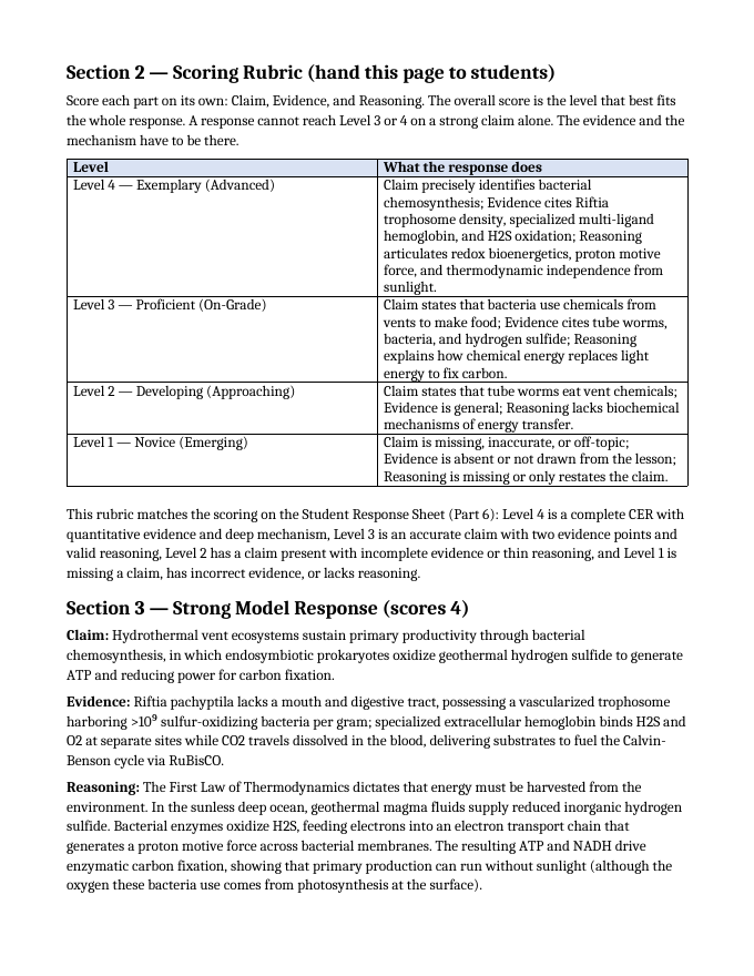 Photosynthesis & Respiration Model Response & Scoring Guide sample page