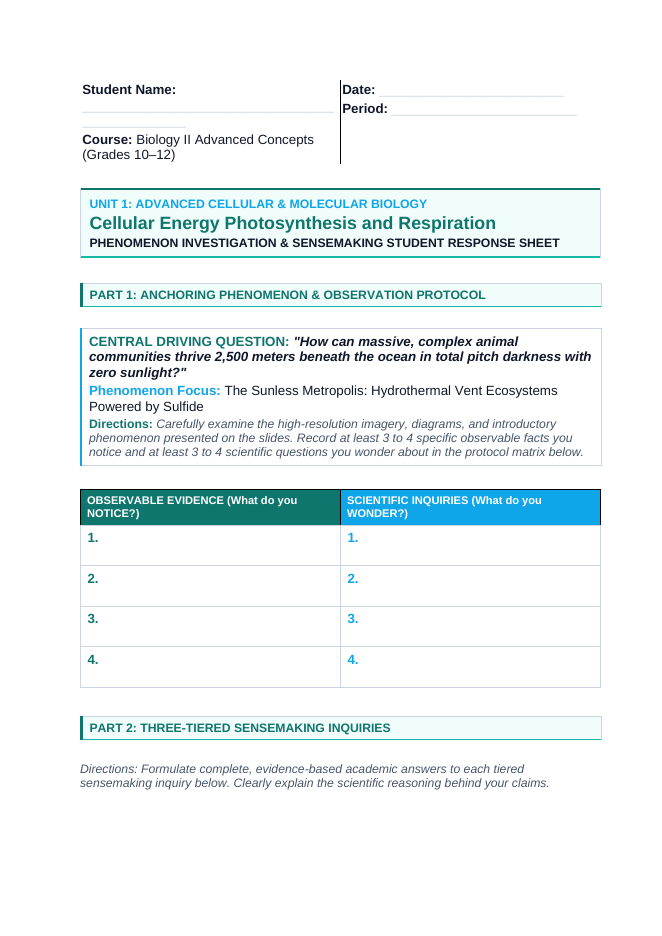 Photosynthesis & Respiration Phenomena-Based Lesson: The Sunless Metropolis: Hydrothermal Vent Ecosystems Powered by Sulfide Student Response Sheet sample page