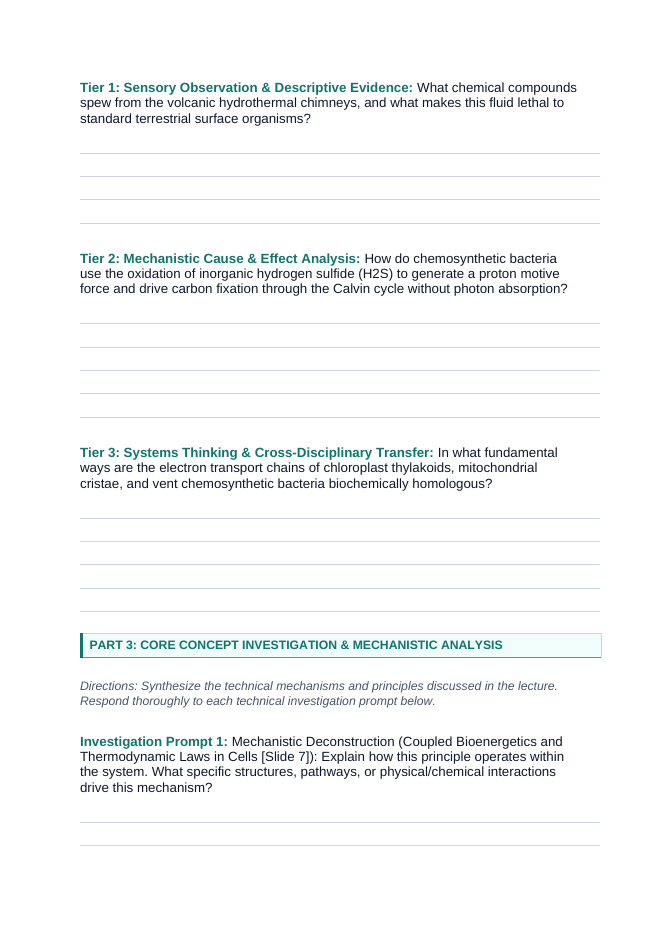 Photosynthesis & Respiration Phenomena-Based Lesson: The Sunless Metropolis: Hydrothermal Vent Ecosystems Powered by Sulfide Student Response Sheet sample page