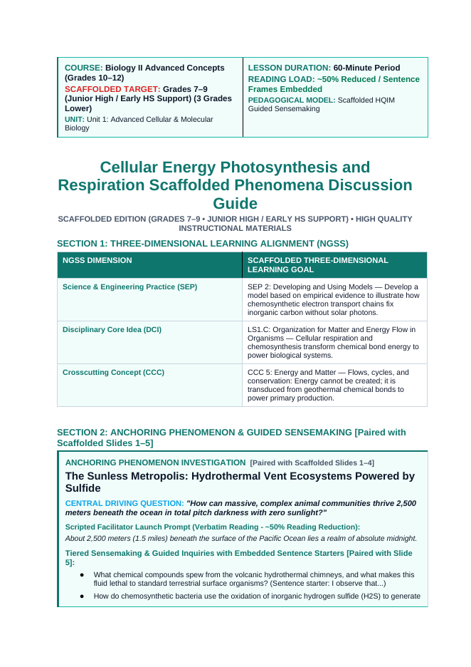 Photosynthesis & Respiration Scaffolded Phenomena-Based Lesson: The Sunless Metropolis: Hydrothermal Vent Ecosystems Powered by Sulfide Teacher Discussion Guide sample page