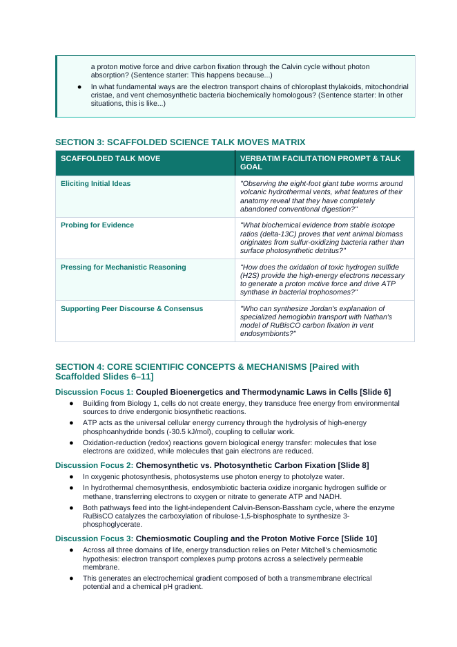 Photosynthesis & Respiration Scaffolded Phenomena-Based Lesson: The Sunless Metropolis: Hydrothermal Vent Ecosystems Powered by Sulfide Teacher Discussion Guide sample page
