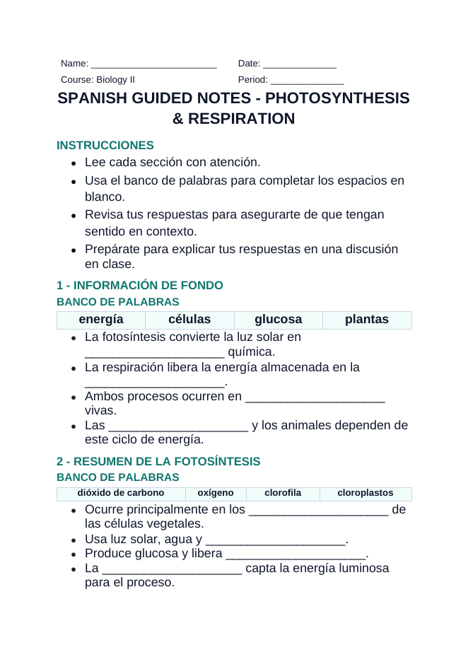 Photosynthesis & Respiration Spanish Guided Notes sample page