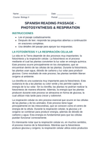 Photosynthesis & Respiration Spanish Reading Passage & Comprehension Questions sample page