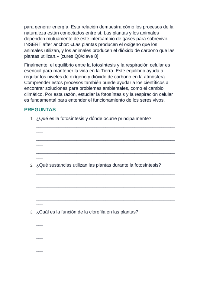 Photosynthesis & Respiration Spanish Reading Passage & Comprehension Questions sample page