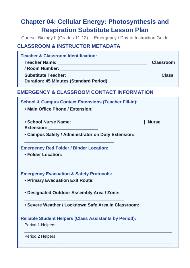 Photosynthesis & Respiration Substitute Lesson Plan sample page
