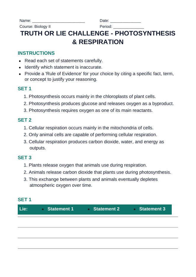 Photosynthesis & Respiration Truth or Lie Challenge sample page
