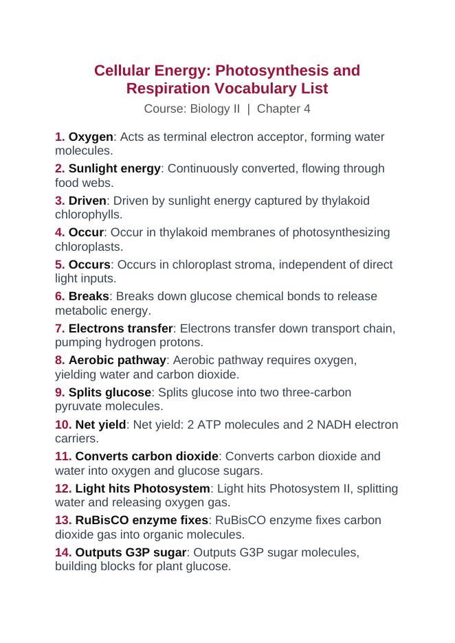 Photosynthesis & Respiration Vocabulary Words & Definitions sample page