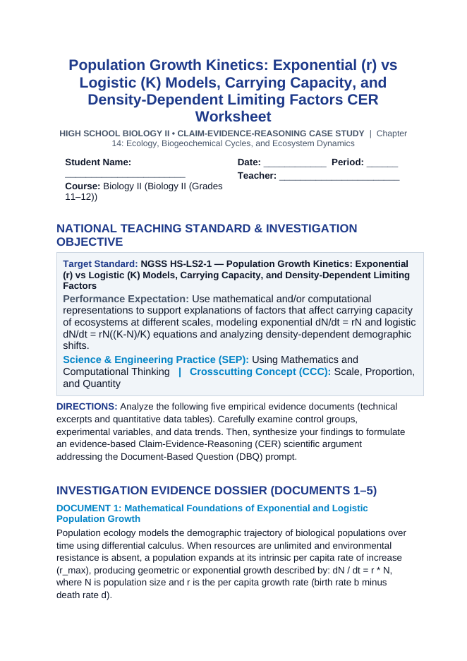 Population Growth Kinetics: Exponential (r) vs Logistic (K) Models, Carrying Capacity, and Density-Dependent Limiting Factors CER Phenomena Worksheet sample page