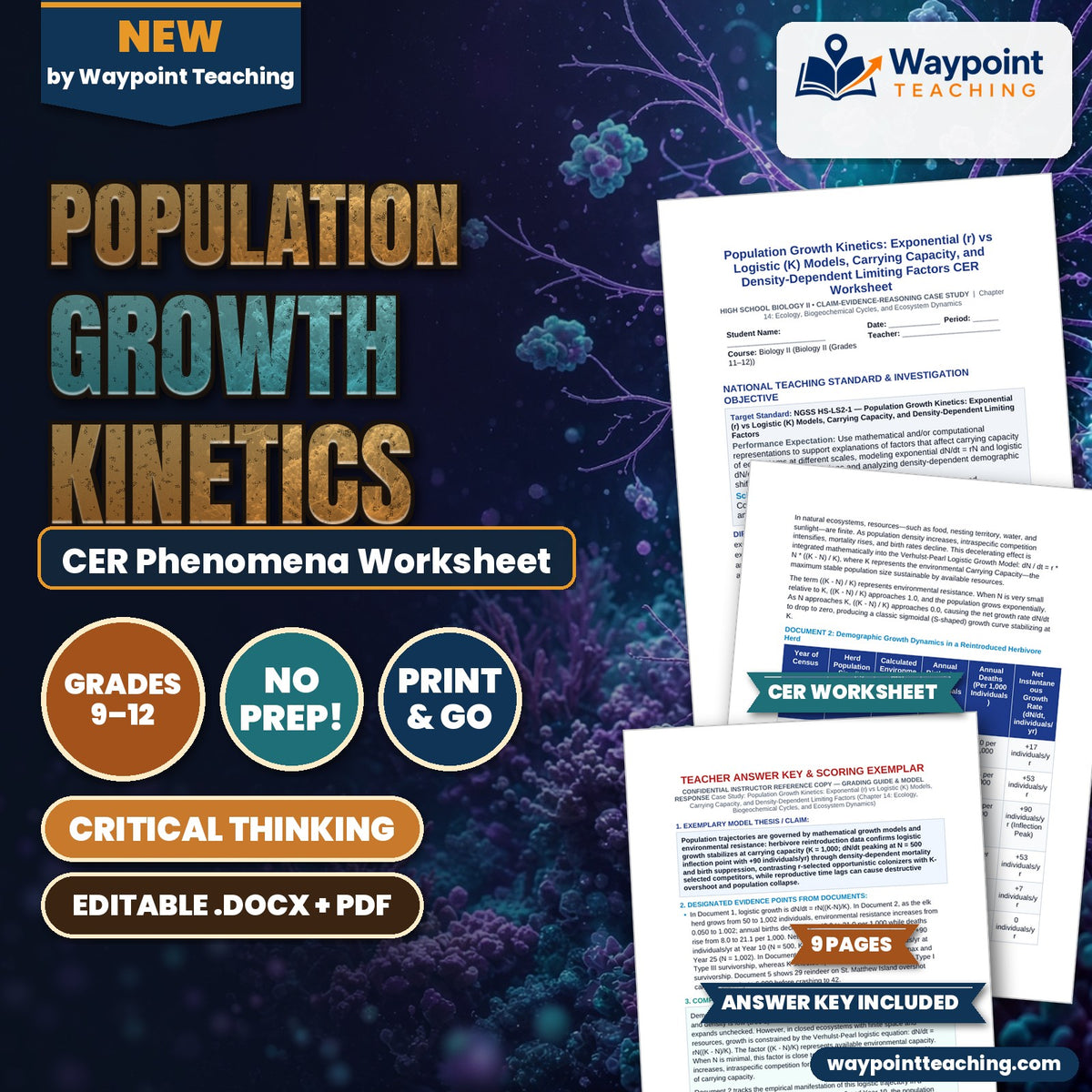 Population Growth Kinetics: Exponential (r) vs Logistic (K) Models, Carrying Capacity, and Density-Dependent Limiting Factors CER Phenomena Worksheet cover