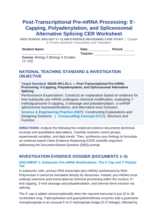 Post-Transcriptional Pre-mRNA Processing: 5'-Capping, Polyadenylation, and Spliceosomal Alternative Splicing CER Phenomena Worksheet sample page