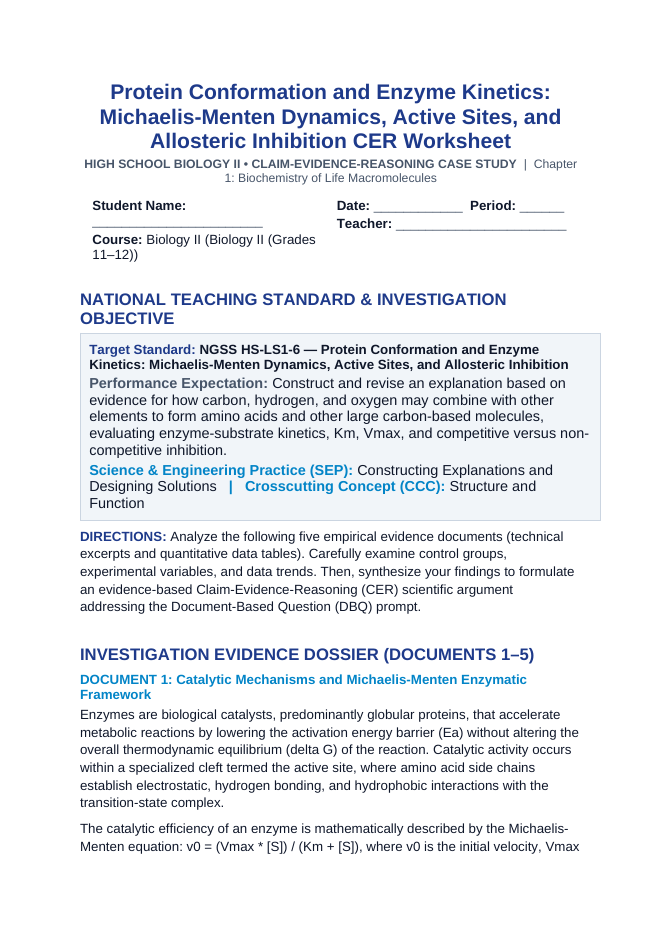Protein Conformation and Enzyme Kinetics: Michaelis-Menten Dynamics, Active Sites, and Allosteric Inhibition CER Phenomena Worksheet sample page