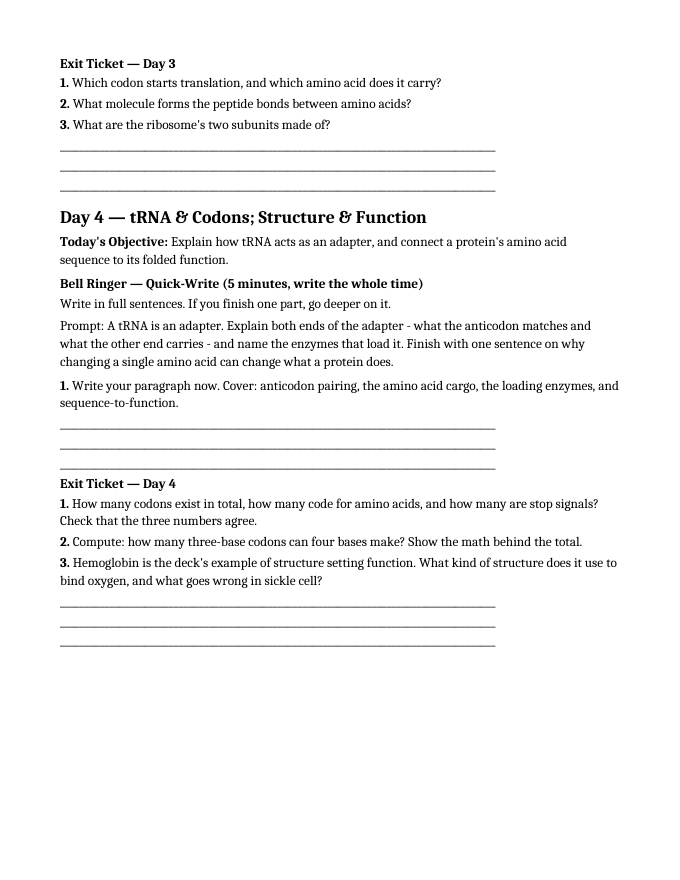 Protein Synthesis Bell Ringers & Exit Tickets sample page