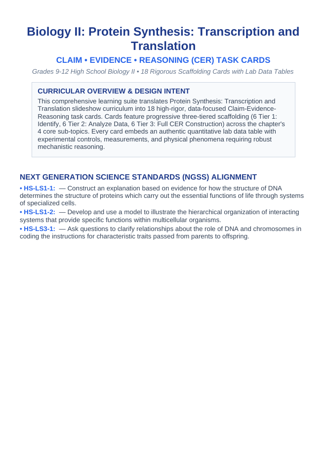 Protein Synthesis CER Task Cards sample page