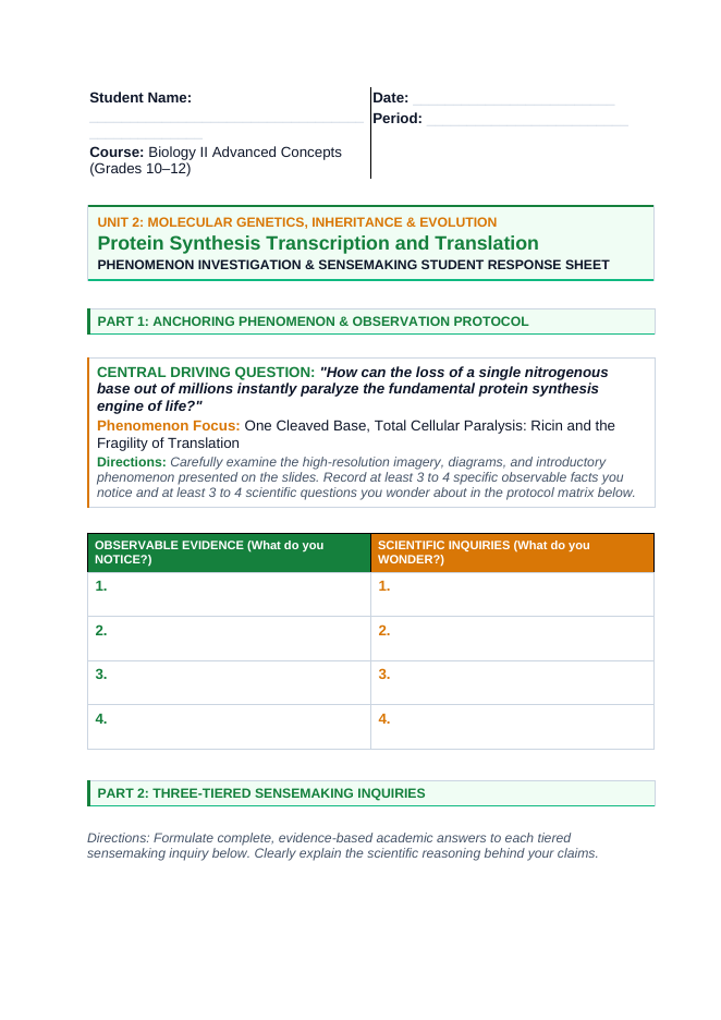Protein Synthesis Phenomena-Based Lesson: The Molecular Riddle of Spider Dragline Silk: Stronger Than Steel, Tougher Than Kevlar Student Response Sheet sample page