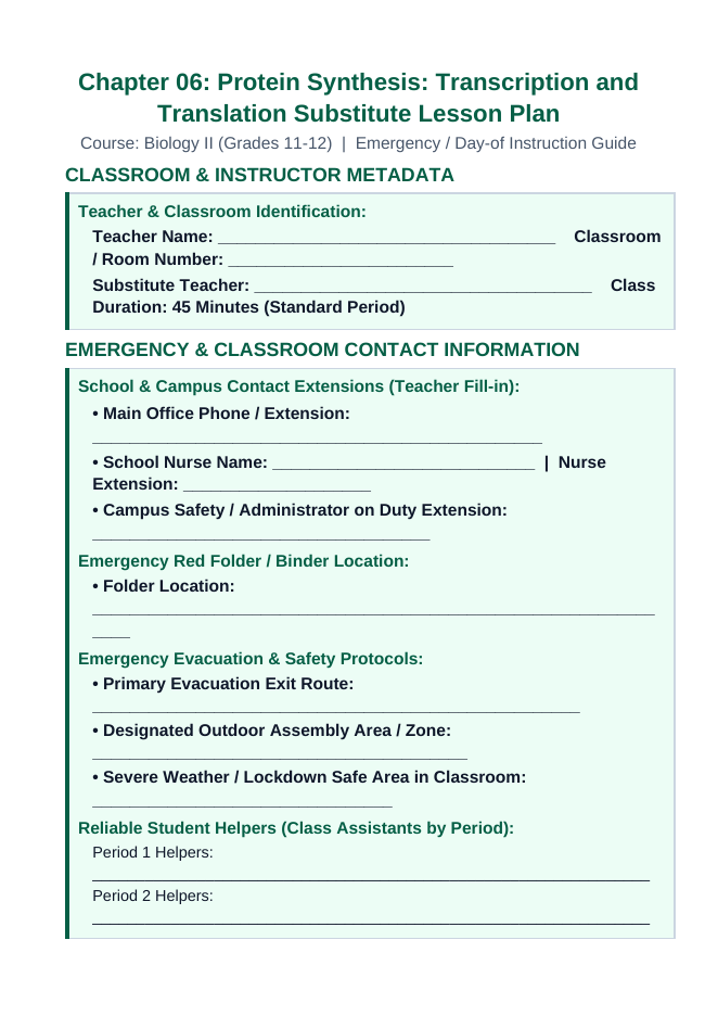Protein Synthesis Substitute Lesson Plan sample page