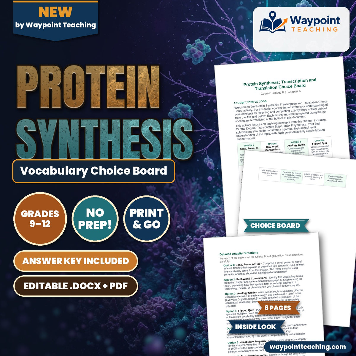 Protein Synthesis Vocabulary Choice Board cover