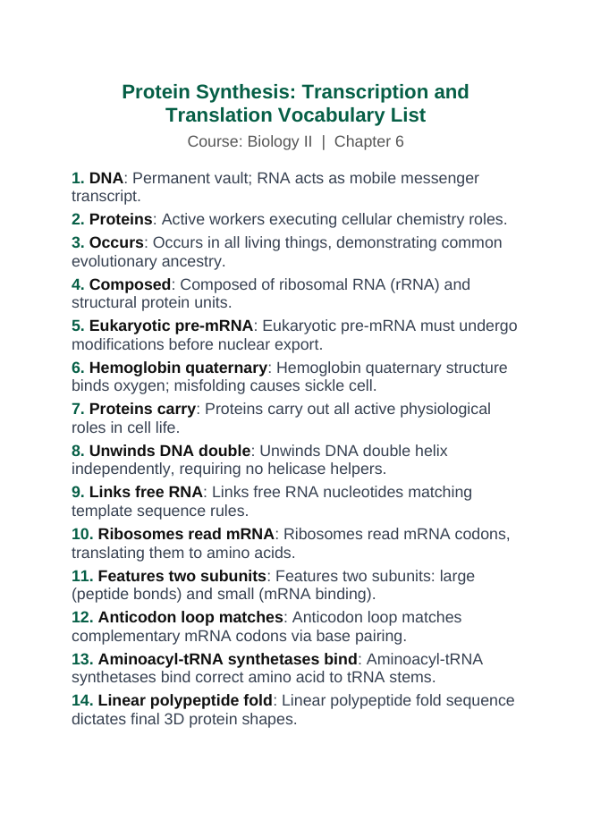 Protein Synthesis Vocabulary Words & Definitions sample page