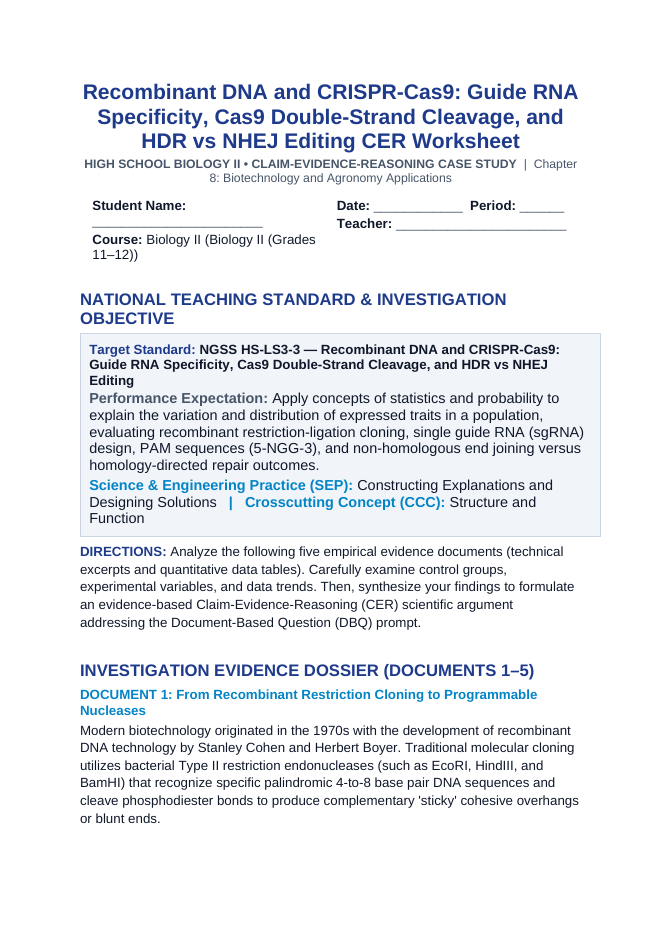 Recombinant DNA and CRISPR-Cas9: Guide RNA Specificity, Cas9 Double-Strand Cleavage, and HDR vs NHEJ Editing CER Phenomena Worksheet sample page