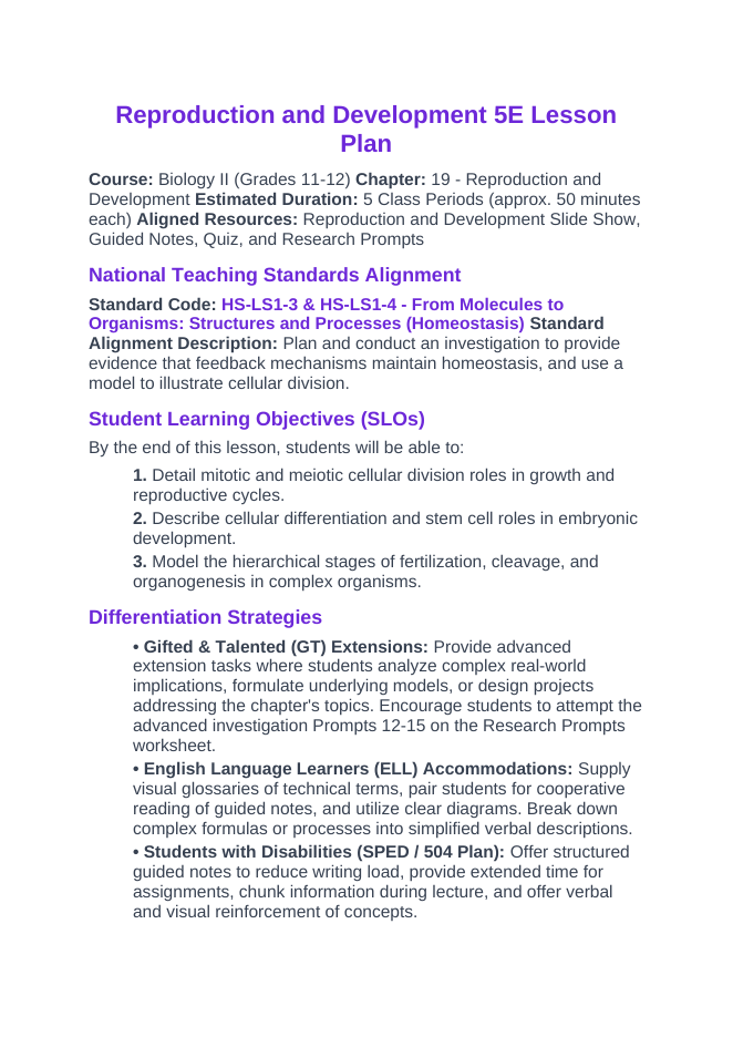 Reproduction & Development 5E Lesson Plan sample page