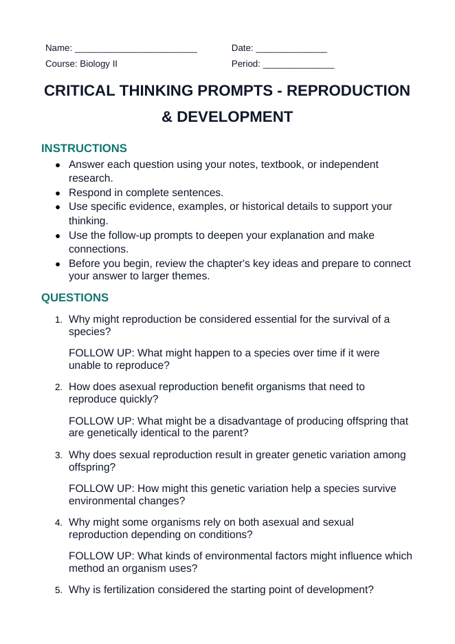 Reproduction & Development Critical Thinking Prompts sample page