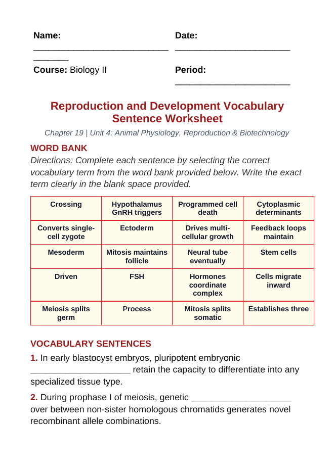 Reproduction & Development Fill-in-the-Blank Vocabulary Worksheet sample page