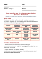 Reproduction & Development Fill-in-the-Blank Vocabulary Worksheet sample page