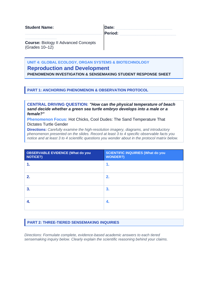 Reproduction & Development Phenomena-Based Lesson: Hot Chicks, Cool Dudes: The Sand Temperature That Dictates Turtle Gender Student Response Sheet sample page