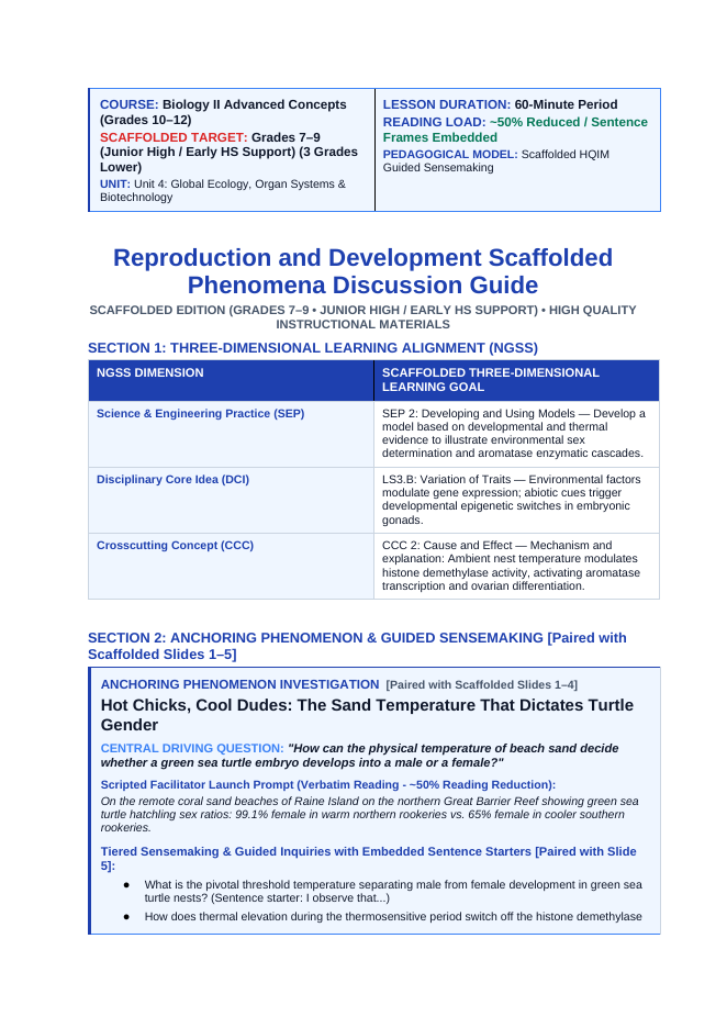 Reproduction & Development Scaffolded Phenomena-Based Lesson: Hot Chicks, Cool Dudes: The Sand Temperature That Dictates Turtle Gender Teacher Discussion Guide sample page