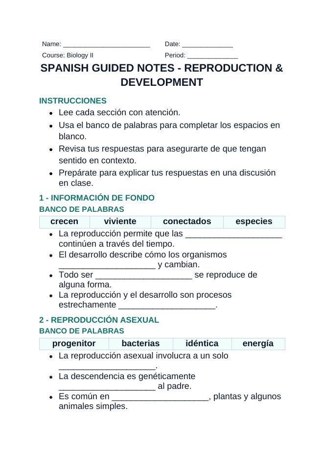 Reproduction & Development Spanish Guided Notes sample page
