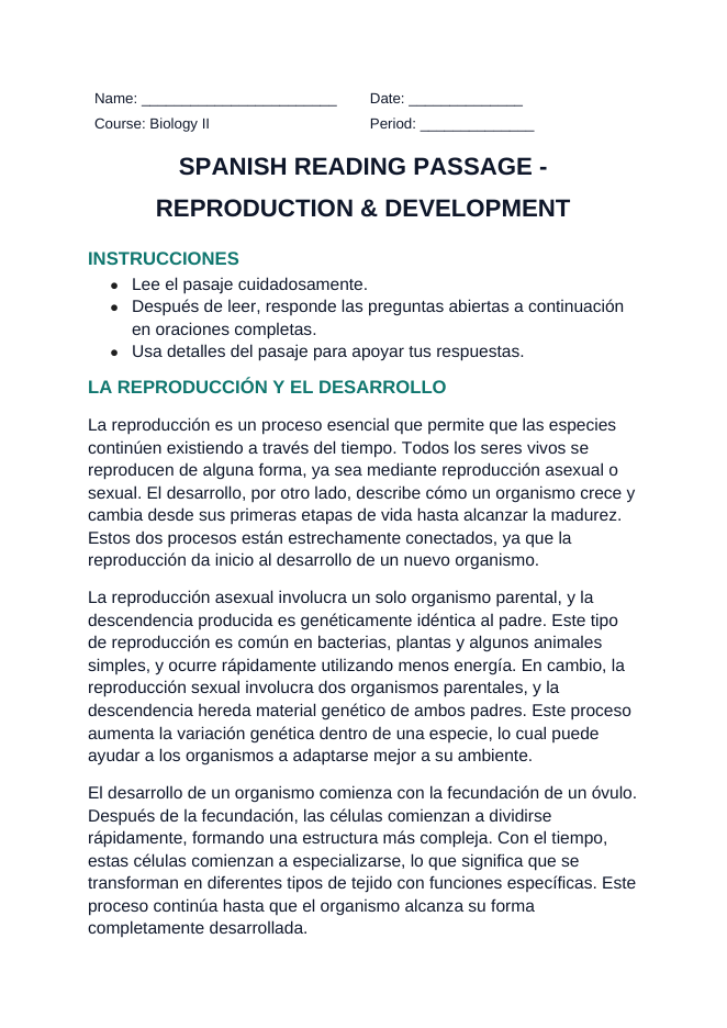 Reproduction & Development Spanish Reading Passage & Comprehension Questions sample page