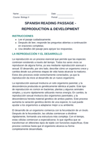 Reproduction & Development Spanish Reading Passage & Comprehension Questions sample page