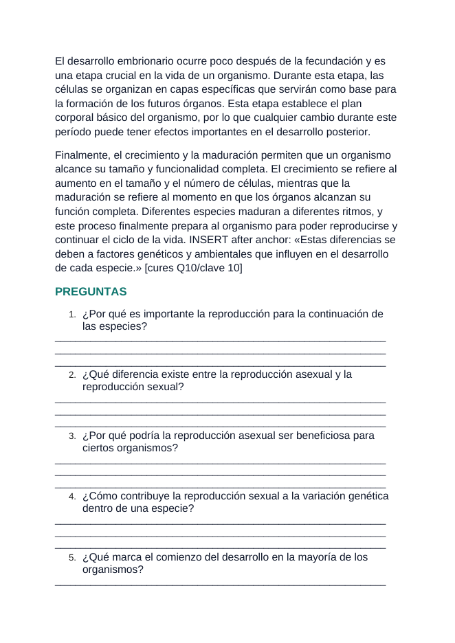 Reproduction & Development Spanish Reading Passage & Comprehension Questions sample page
