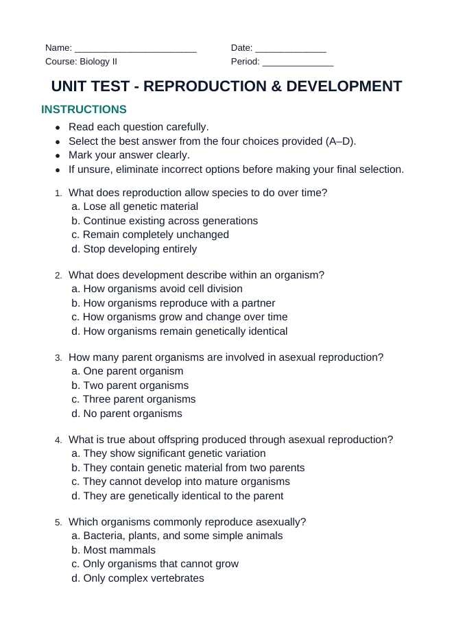 Reproduction & Development Unit Test sample page