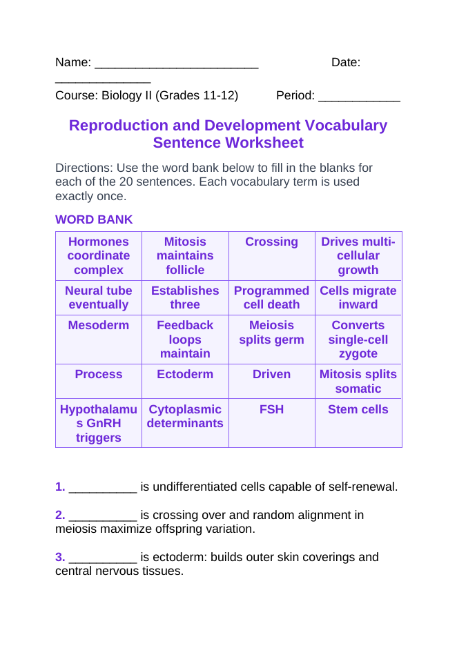 Reproduction & Development Vocabulary Words & Definitions sample page