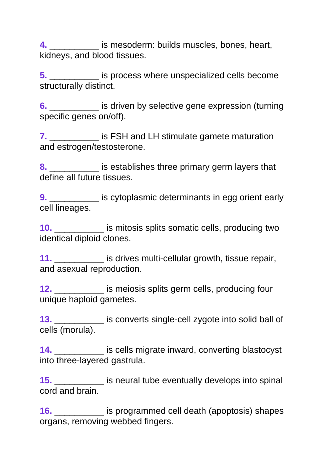 Reproduction & Development Vocabulary Words & Definitions sample page