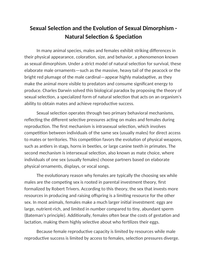 Sexual Selection and the Evolution of Sexual Dimorphism Reading Worksheet sample page