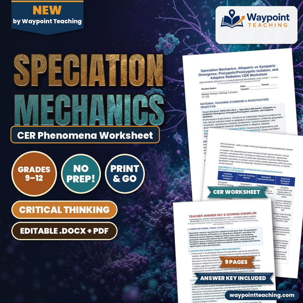 Speciation Mechanics: Allopatric vs Sympatric Divergence, Prezygotic/Postzygotic Isolation, and Adaptive Radiation CER Phenomena Worksheet cover