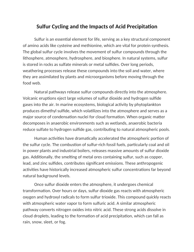 Sulfur Cycling and the Impacts of Acid Precipitation Reading Worksheet sample page