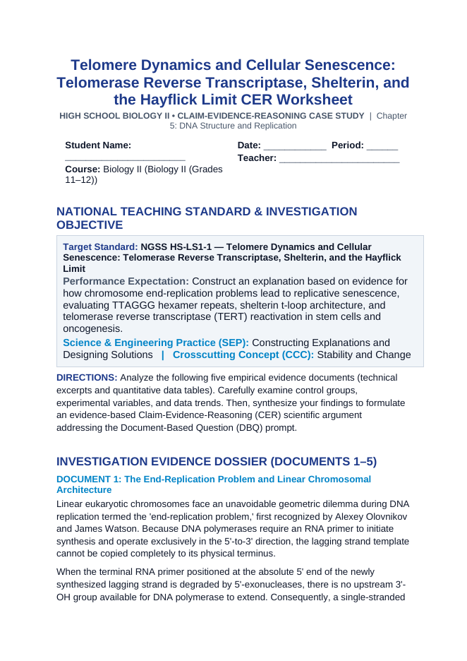 Telomere Dynamics and Cellular Senescence: Telomerase Reverse Transcriptase, Shelterin, and the Hayflick Limit CER Phenomena Worksheet sample page