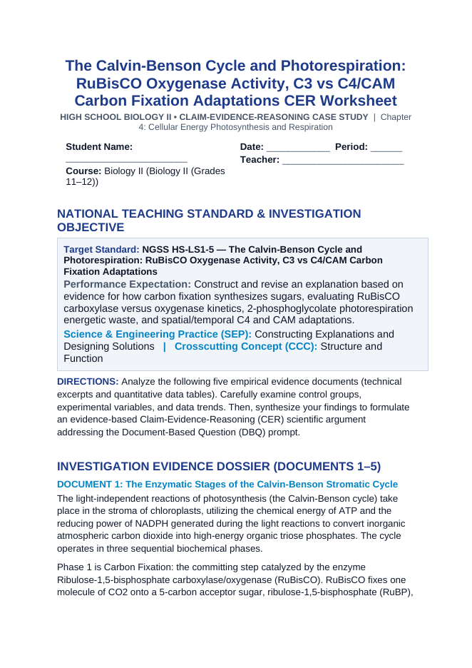 The Calvin-Benson Cycle and Photorespiration: RuBisCO Oxygenase Activity, C3 vs C4/CAM Carbon Fixation Adaptations CER Phenomena Worksheet sample page