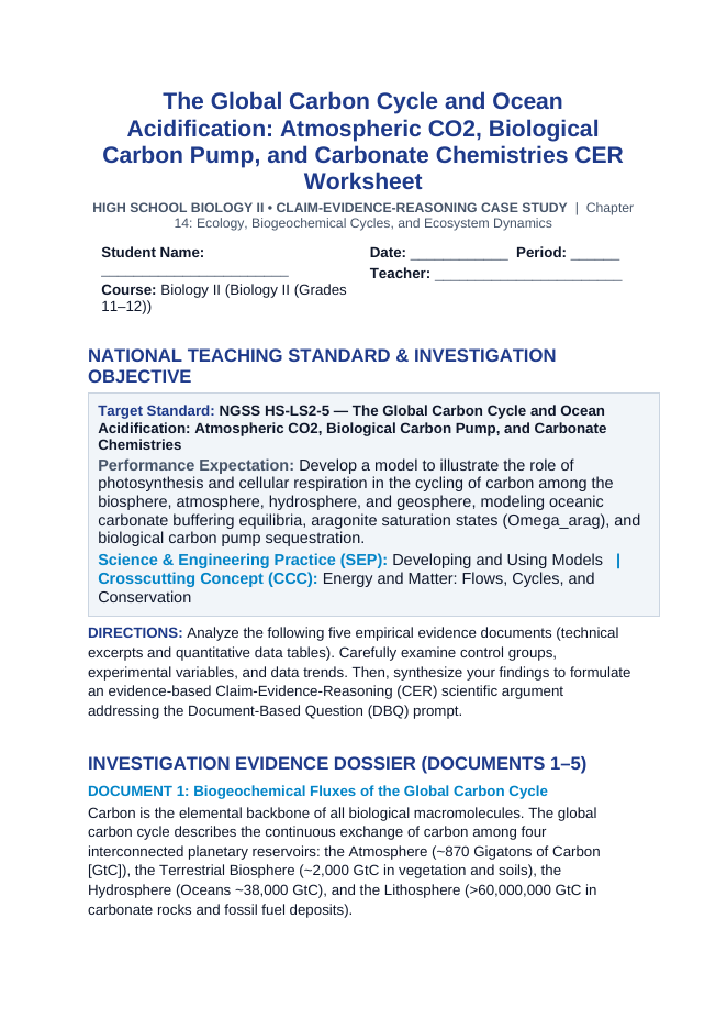 The Global Carbon Cycle and Ocean Acidification: Atmospheric CO2, Biological Carbon Pump, and Carbonate Chemistries CER Phenomena Worksheet sample page