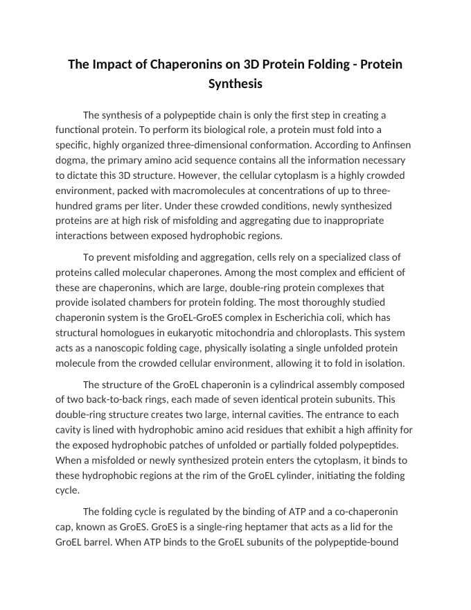 The Impact of Chaperonins on 3D Protein Folding Reading Worksheet sample page