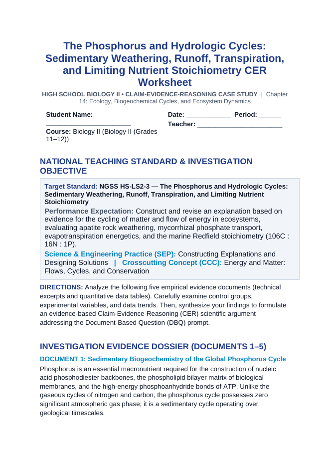 The Phosphorus and Hydrologic Cycles: Sedimentary Weathering, Runoff, Transpiration, and Limiting Nutrient Stoichiometry CER Phenomena Worksheet sample page